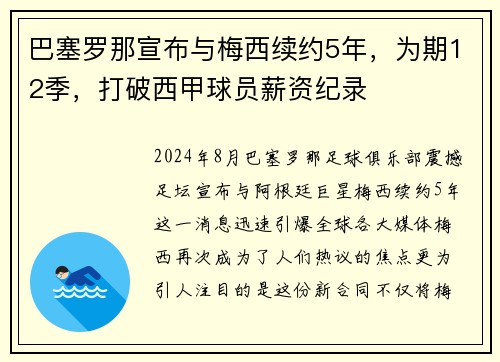 巴塞罗那宣布与梅西续约5年，为期12季，打破西甲球员薪资纪录